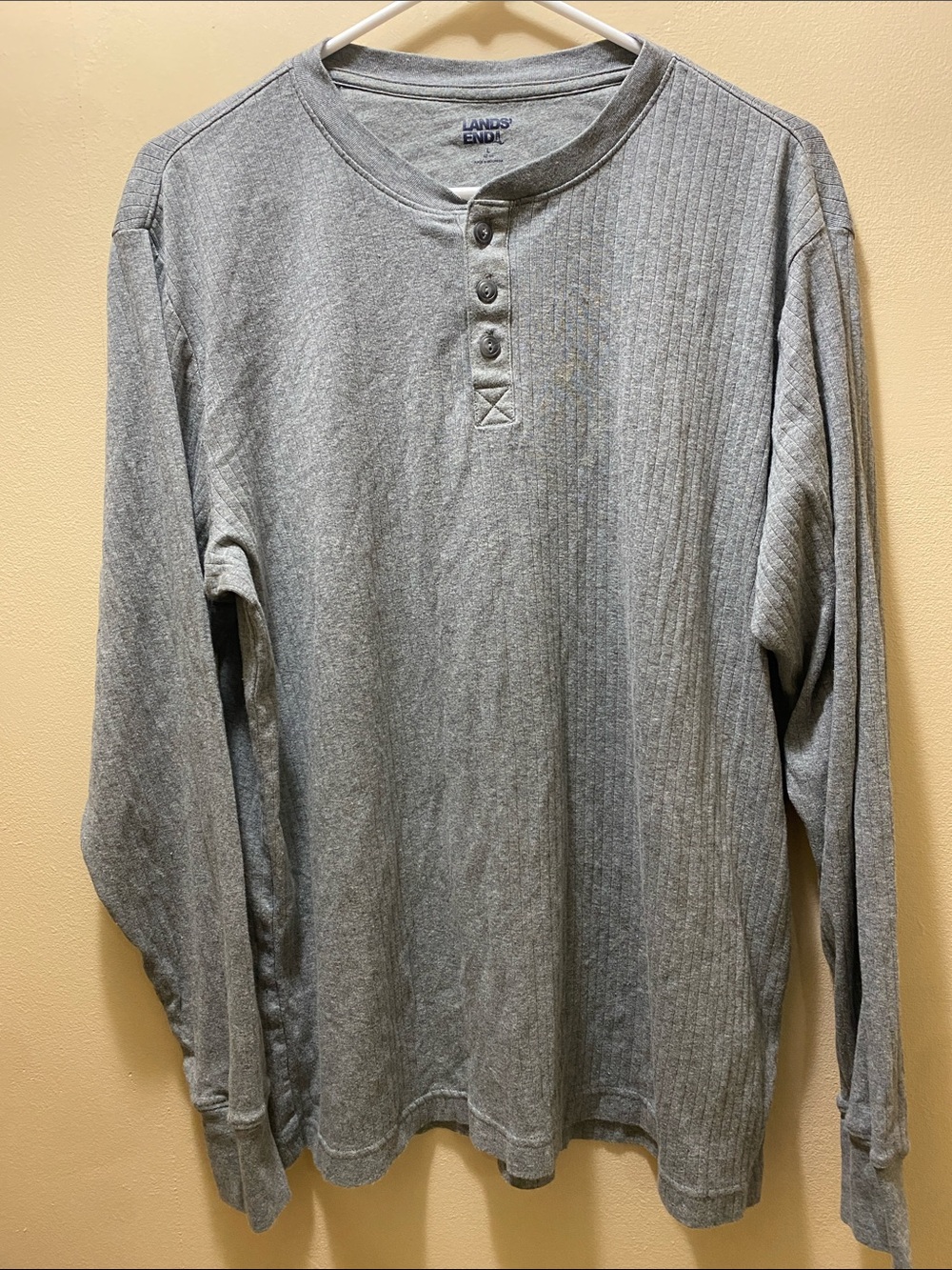 Lands' End Men's Heather Gray Long-Sleeve Henley Large Cozy Baselayer Comfy